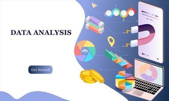Modern flat design 3d isometric concept of Big Data Analysis for banner and website. Isometric landing page template. Digital information chart and statistic financial budget. Vector illustration.