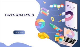 diseño plano moderno concepto isométrico 3d de análisis de big data para banner y sitio web. plantilla de página de destino isométrica. cuadro de información digital y presupuesto financiero estadístico. ilustración vectorial. vector