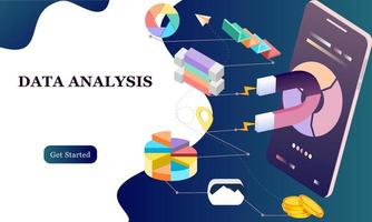 diseño plano moderno concepto isométrico 3d de análisis de big data para banner y sitio web. plantilla de página de destino isométrica. cuadro de información digital y presupuesto financiero estadístico. ilustración vectorial. vector