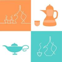 Ramadan Iftar party food design elements.Traditional teapot with cups on dinner. Vector set. Ramadan Kareem in Arabic freehand for Islam religious festival Eid with grand meal. Arabic coffee logo
