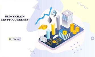 Fondo isométrico de diseño plano moderno de blockchain y criptomoneda para banner y sitio web. plantilla de página de destino. transacción de efectivo virtual, concepto de cadena de bloques de criptomonedas. ilustración vectorial vector