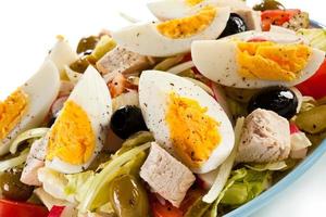 Boiled eggs with roast chicken fillet and vegetables photo