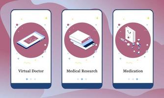 Application design set for Virtual Doctor, Medical Research and Medication. UI onboarding screens design. Mobile app 3D isometric template web site. Modern vector illustrations for user interface.