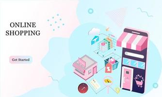 Landing page of 3d isometric online shopping on websites or mobile applications concepts of vector e-commerce and digital marketing. Memphis style illustration for banner online store promotion.