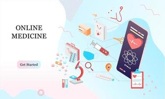 Plantilla de diseño de página de destino isométrica para farmacia en línea, medicina en línea, servicio médico y seguro médico. ilustración vectorial isométrica plana para fondos, infografías, banners web. vector