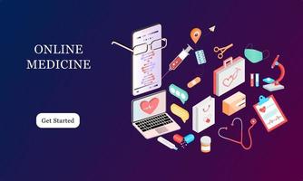 Isometric landing page design template for Online Pharmacy, Online Medicine, Medical Service and Healthcare Insurance. Flat isometric vector illustration for backgrounds, infographics, web banners.