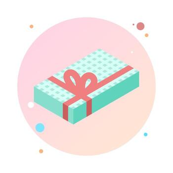 Present gift box with ribbon bows flat design illustration in circle icon. Isometric vector interface elements for app icon UI UX banner web invitation isolated on circle shaped background.