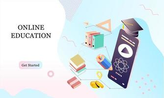 Isometric landing page template concept of Online Education for banner and website in memphis style background. Online training courses, university studies, e-learning research. Vector illustration.