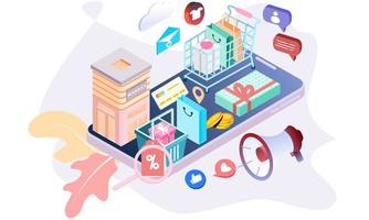 Landing page of 3d isometric online shopping on websites or mobile applications concepts of vector e-commerce and digital marketing. Isometric background illustration for banner online store promotion