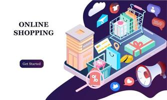 Landing page of 3d isometric online shopping on websites or mobile applications concepts of vector e-commerce and digital marketing. Isometric background illustration for banner online store promotion