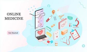 Isometric landing page design template for Online Pharmacy, Online Medicine, Medical Service and Healthcare Insurance. Flat isometric vector illustration for backgrounds, infographics, web banners.