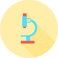 Microscope in circle icon with long shadows. Symbol of science, chemistry, pharmaceutical instrument, microbiology magnifying tool. Flat style for graphic design. Suitable for logo, web, ui, app.