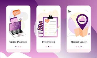 Application design set for Online Diagnosis, Prescription and Medical Center. UI onboarding screens design. Mobile app 3D isometric template web site. Modern vector illustrations for user interface.