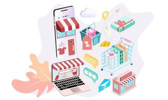 página de inicio de compras en línea isométricas 3d en sitios web o conceptos de aplicaciones móviles de comercio electrónico vectorial y marketing digital. Ilustración de fondo isométrico para promoción de tienda en línea de banner vector