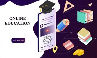 Modern flat design isometric concept of Online Education for banner and website. Isometric landing page template. Online training courses, university studies, e-learning research. Vector illustration.