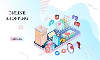 Landing page of 3d isometric online shopping on websites or mobile applications concepts of vector e-commerce and digital marketing. Memphis style illustration for banner online store promotion.