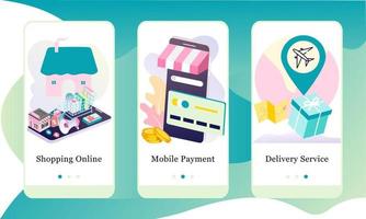 Vector illustration of Shopping Online, Mobile Payment and Delivery Service on the onboarding app screens and web concept. Interface UX, UI GUI screen template for app smart phone or web site banners.