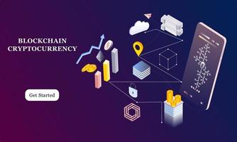 Modern flat design isometric background of blockchain and cryptocurrency for banner and website. Landing page template. Virtual cash transaction, cryptocurrency blockchain concept. Vector illustration