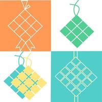 Set of ketupat icons in 4 different design on the green, orange and white background. Vector illustration. ketupat dumplings ready to for Eid Al-fitr, Muslim's holiday. Ramadan Kareem.