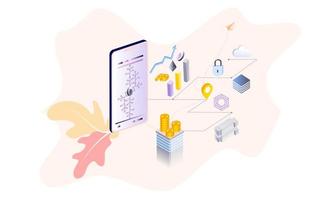 Fondo isométrico de diseño plano moderno de blockchain y criptomoneda para banner y sitio web. plantilla de página de destino. transacción de efectivo virtual, concepto de cadena de bloques de criptomonedas. ilustración vectorial vector