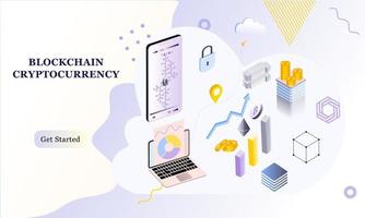 Modern flat design isometric background of blockchain and cryptocurrency for banner and website. Landing page template. Virtual cash transaction, cryptocurrency blockchain concept. Vector illustration