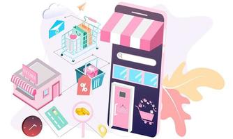 página de inicio de compras en línea isométricas 3d en sitios web o conceptos de aplicaciones móviles de comercio electrónico vectorial y marketing digital. Ilustración de fondo isométrico para promoción de tienda en línea de banner vector