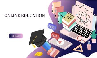 Modern flat design isometric concept of Online Education for banner and website. Isometric landing page template. Online training courses, university studies, e-learning research. Vector illustration.