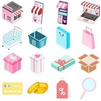 Flat 3d isometric trendy style online store shopping web mobile app infographics icon set. Cart bag credit card laptop wallet label sale search money gift box coin safe. Website application collection