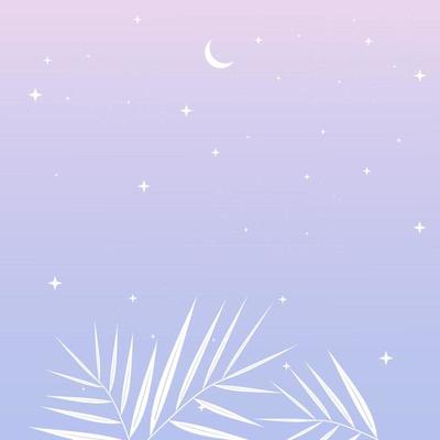 Blue and purple landscape with silhouettes of tropical palm tree leaves, moon and stars in the sky. Background vector illustration for greeting card, poster, nature theme and wallpaper.