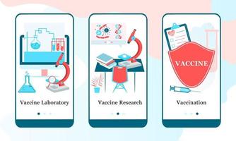 Application design set for Vaccine Laboratory, Vaccine Research and Vaccination. UI onboarding screens design. Mobile app 3D isometric template web site. Modern vector illustrations for user interface