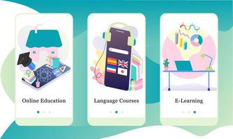 Online Courses mobile app onboarding screens. Online Education, Language Courses, E-learning. Menu vector banner template for website and UI mobile development design 3D isometric flat illustration.