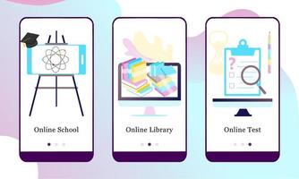 Online Education mobile app onboarding screens. Online School, Online Library, Online Test. Menu vector banner template for website and UI mobile development design 3D isometric flat illustration.