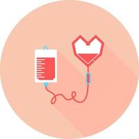 Infusion in circle icon with long shadows. Intravenous bag, blood, drip. Medical help concept. Vector illustration can be used for topics like hospital, therapy, chemotherapy. Iv, infuse, blood bag.