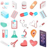 Set of isolated medical healthcare. Isometric icon for first aid kid tools, items of medical emergency box, thermometer, drug, pills, plaster, bandage, medicine, syringe, pills, face mask, lab, heart.
