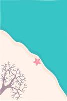 Beach top view background with starfish, sand, tree branches and sea. Seaside view poster. Summer holidays vector illustration background. Tropical travel template for mobile, web site, UI.