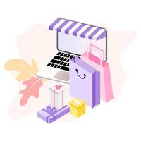 Compras en línea 3d en sitios web o aplicaciones móviles concepto de marketing vectorial y marketing digital. ilustración vectorial isométrica plana para promoción de tiendas en línea, comercio electrónico y grandes ventas. vector