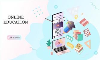 Isometric landing page template concept of Online Education for banner and website in memphis style background. Online training courses, university studies, e-learning research. Vector illustration.