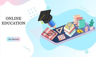 Isometric landing page template concept of Online Education for banner and website in memphis style background. Online training courses, university studies, e-learning research. Vector illustration.