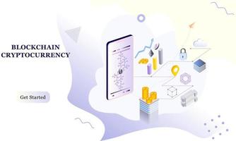 Modern flat design isometric background of blockchain and cryptocurrency for banner and website. Landing page template. Virtual cash transaction, cryptocurrency blockchain concept. Vector illustration