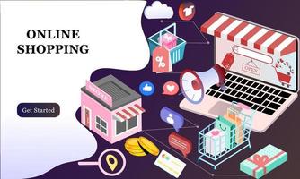 Landing page of 3d isometric online shopping on websites or mobile applications concepts of vector e-commerce and digital marketing. Isometric background illustration for banner online store promotion