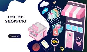 Landing page of 3d isometric online shopping on websites or mobile applications concepts of vector e-commerce and digital marketing. Isometric background illustration for banner online store promotion