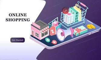 Landing page of 3d isometric online shopping on websites or mobile applications concepts of vector e-commerce and digital marketing. Isometric background illustration for banner online store promotion