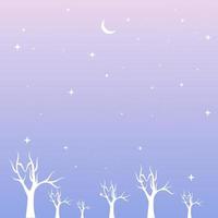 Blue and purple landscape with silhouettes of dry trees, tree branches, moon and stars in the sky. Background vector illustration for nature theme and wallpaper.