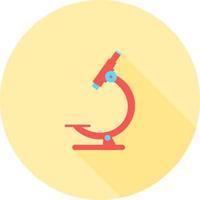 Microscope in circle icon with long shadows. Symbol of science, chemistry, pharmaceutical instrument, microbiology magnifying tool. Flat style for graphic design. Suitable for logo, web, ui, app.