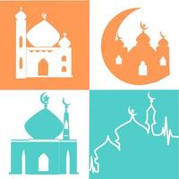 mosque vector icons. Simple illustration set of 4 mosque elements, editable icons, can be used in logo, UI and web design. Green and Orange Mosque and Background. Ramadan Kareem mosque Illustration