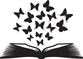 Open book and butterflies silhouette vector