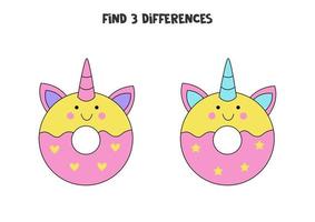 Find 3 differences between two cute unicorn doughnuts. vector