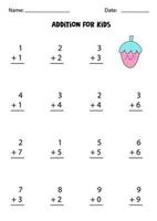 Addition worksheet with cute kawaii strawberry. Math game. vector
