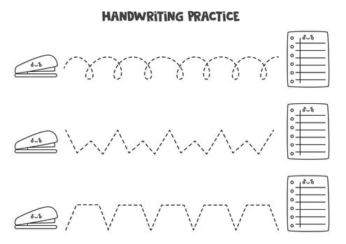 Tracing lines with cute stapler and sheet of paper. Writing practice. vector