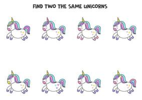 Encuentra dos unicornios idénticos. juego educativo para niños en edad preescolar. vector